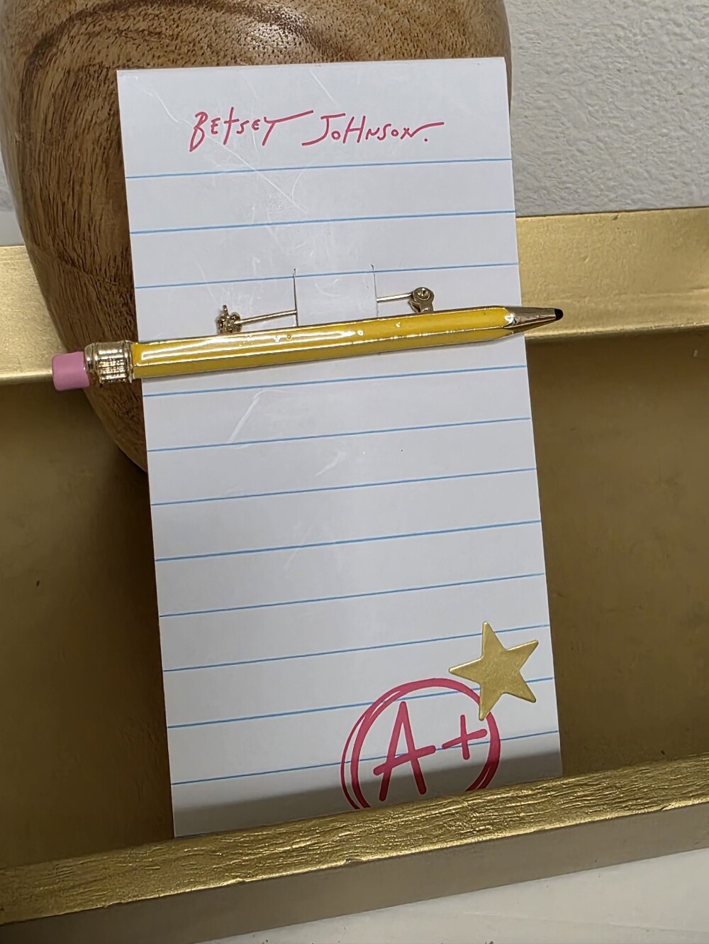Betsey Johnson Yellow Pencil Magnet Pin with Pink Eraser and Gold Star